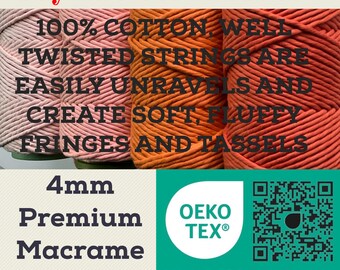 OEKO-TEX-zertifiziert, 4 mm Single Twist, Makramee-Schnur aus 100% Baumwolle