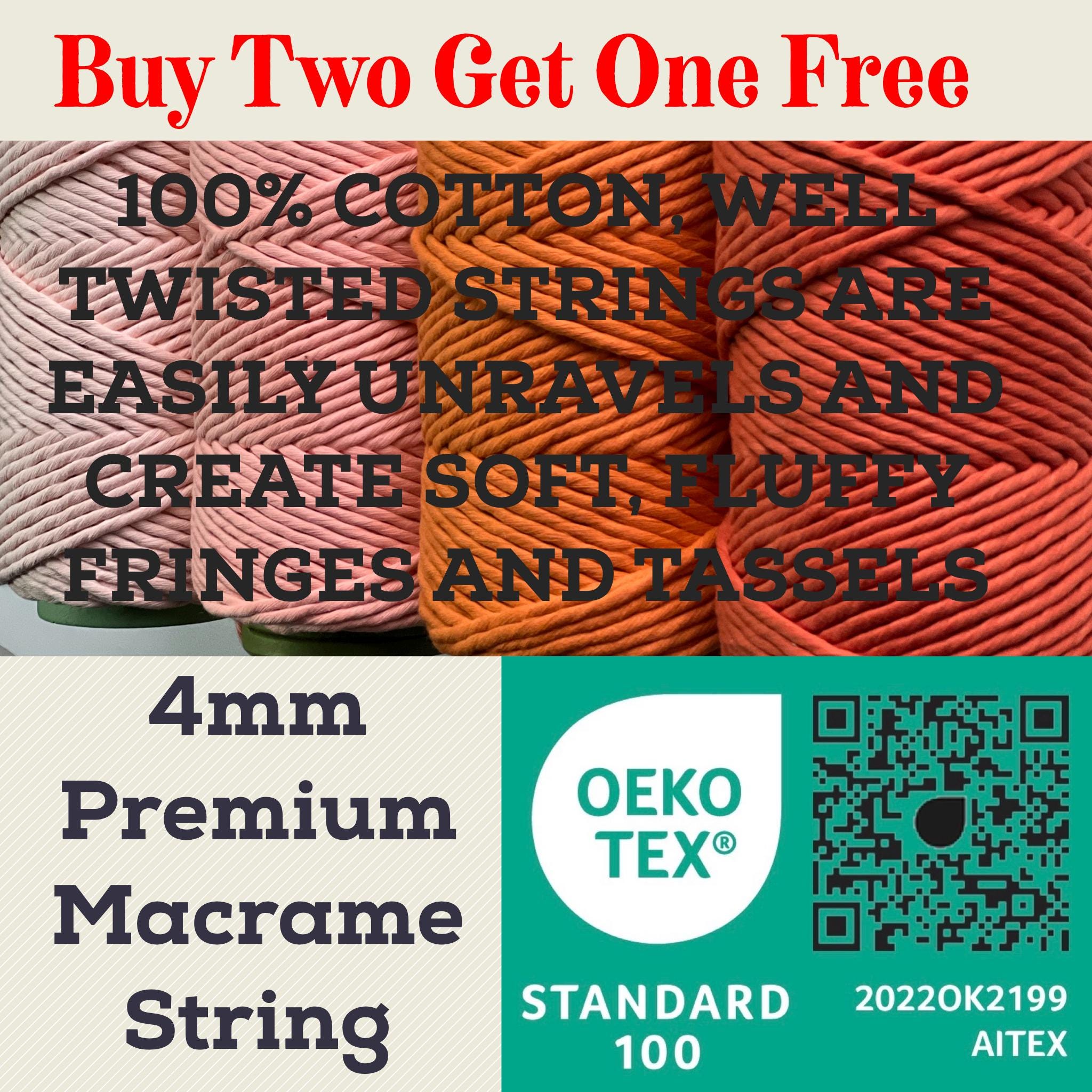OEKO-TEX Certified, 4mm Single Twist, 100% Cotton Macrame String