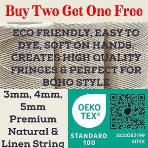 Puede incluir: Tres bobinas de hilo de lino natural, con tamaños de 3mm, 4mm y 5mm. La imagen incluye el texto "Buy Two Get One Free", "Eco Friendly" y la certificación "Oeko-Tex Standard 100".