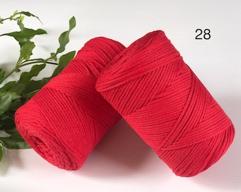 28-RED 2.5mm Recycled Cord, Cotton Macrame, 250g, 225m, Bag/Basket Yarn,