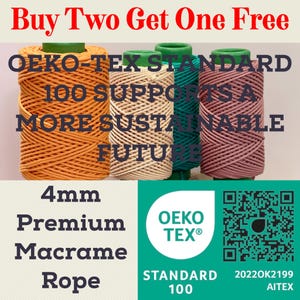 4mm Rope, OEKO-TEX Certified Triple Twist 100% Cotton Macrame Rope
