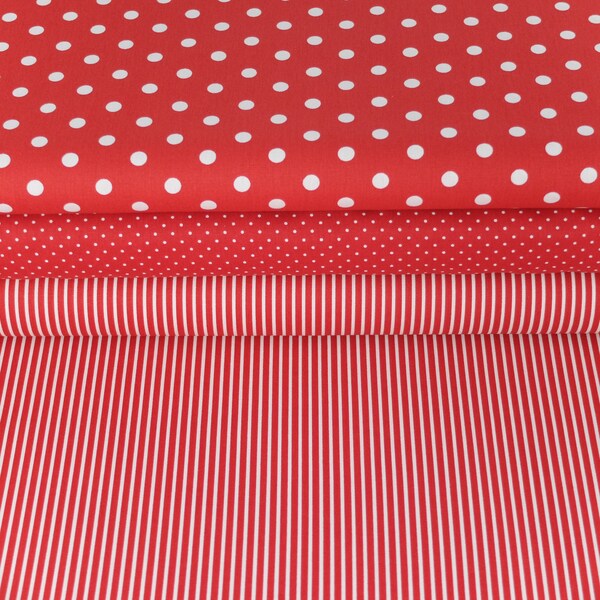 Stoffpaket Baumwollstoff  STREIFEN TUPFEN  rot weiß  3 x 50 x 140 cm Patchwork Stoffe Stoffreste Öko Tex 100 zertifiziert