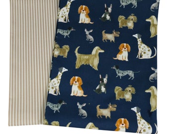 Cotton fabric DOGS BLUE NATURAL stripes // 50 x 140 cm patchwork fabrics fabric scraps Oeko Tex 100 certified