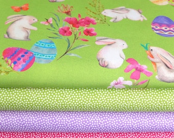 Stoffpaket OSTERHASEN MAIGRÜN  pink flieder 4 x 25 X 135/148 cm Patchwork Stoffe Stoffreste Öko Tex 100 zertifiziert