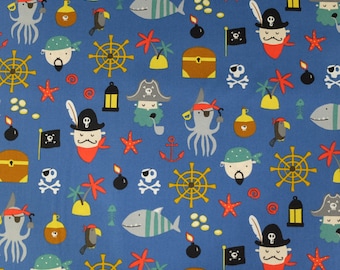 Cotton fabric PIRATES JELLYFISH FISHING blue 50 x 140 cm patchwork fabrics scraps Öko Tex 100 certified