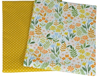 Cotton fabric FLOWERS GRASSES MUSTARD // 2 x 50 x 140 cm patchwork fabrics fabric scraps Oeko Tex 100 certified