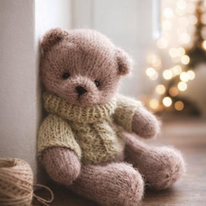 Patrón de tejido de osito de peluche estilo retro hygge, ideas para accesorios de fotografía de recién nacidos, ideas para regalos de ositos de peluche