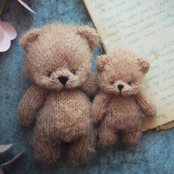 2 Cinnamon Teddy Bears knitting PATTERN, knitted animal toy 12 and 18cm 4.7 and 7 inch, 2pack