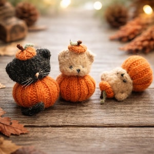 PDF, Pumpkin Bear and Cat Knitting Pattern • 12–14 cm, Halloween toy