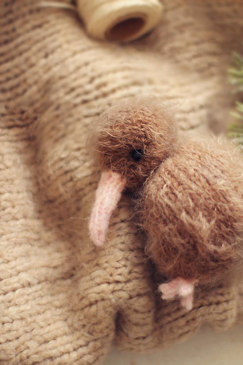 K&ouml;nnte beinhalten: Ein handgefertigtes braunes Kiwi-Vogel-Pl&uuml;schtier mit einem langen rosa Schnabel und kleinen rosa F&uuml;&szlig;en. Der Vogel besteht aus weichem, flauschigem Material und liegt auf einer beigefarbenen Strickoberfl&auml;che. Eine Garnrolle ist im Hintergrund zu sehen.