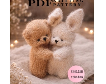 Teddy Bear, Rabbit Knitting Pattern Bundle PDF, Knitted Animal Tutorial 2 in 1, Twin Plush Stuffed Toys Project, Woodland nursery
