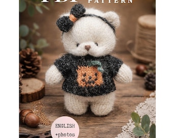 Poppentrui breipatroon pdf, tutorial teddybeerkleding, eenvoudige pompoentrui knutselen, platgebreide speelgoedgarderobe, mini-halloweenoutfit