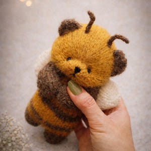 Teddy Bear Knitting Pattern PDF, knitted Bumble Bee Bear Toy, flat nursery decor animal toy to download