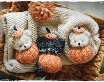 Knitted Bear and Cat Pumpkin toy, knitting PATTERN PDF stuffed small animal, halloween