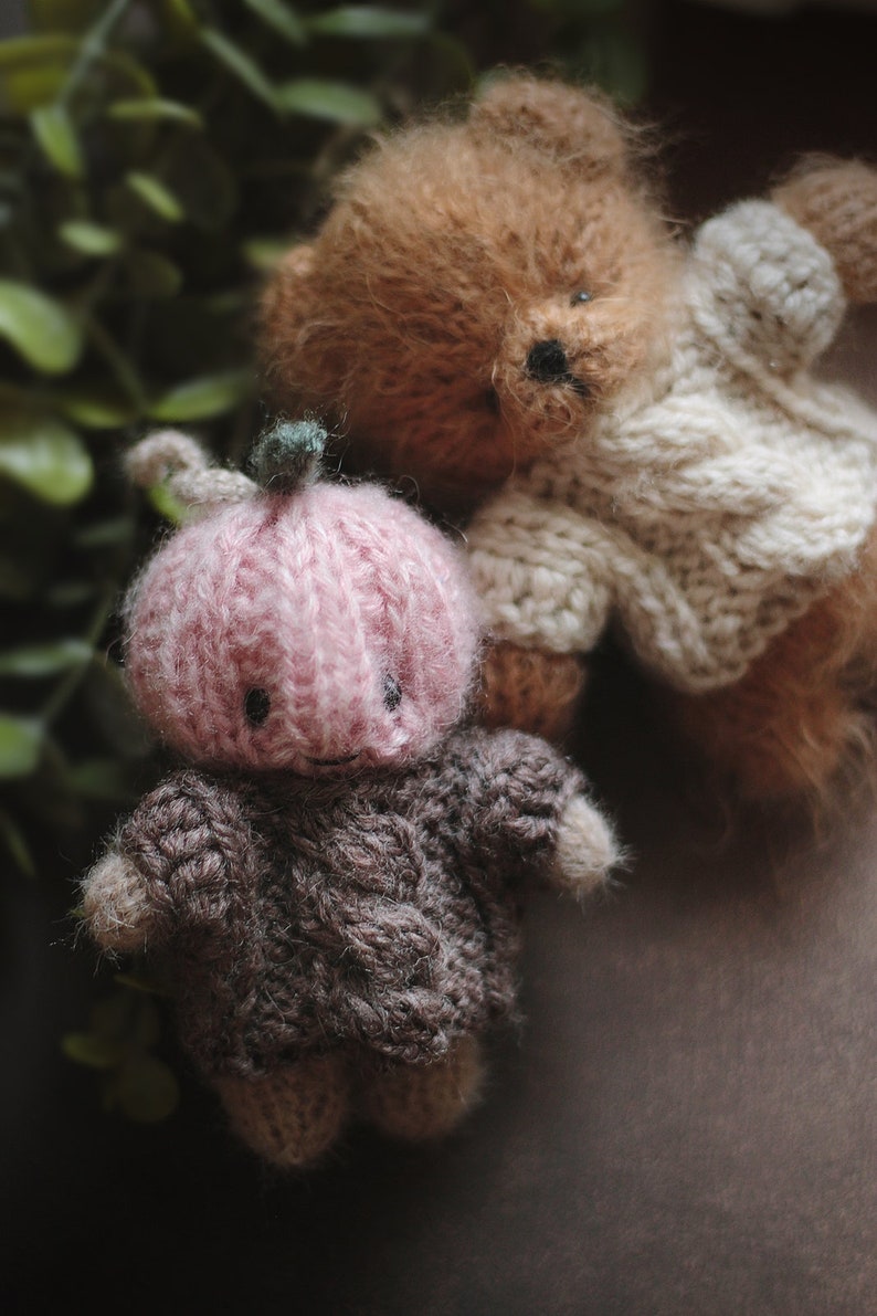 Op de afbeelding: Een bruine gebreide teddybeer met een witte gebreide trui, zittend naast een roze gebreide pompoen met een bruine gebreide trui.