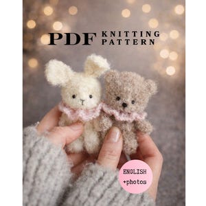 Stickmönster till nallebjörn och kanin i PDF-format, handledning för 2-i-1-djurset, mini-bouclé-leksakspyssel, plattstickade fickleksaker, nyckfullt barnrum