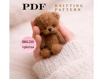 Tiny TEDDY BEAR Knitting Pattern PDF, Stuffed Knitted Animal, Flat Knit on 2 needles, nursery decor ideas, 8cm