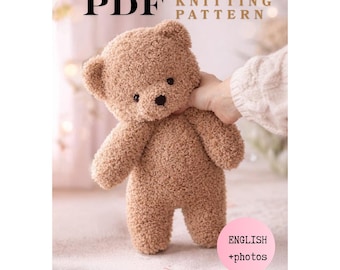 Curly Teddy Bear Knitting Pattern, Large 40cm Soft Toy PDF, Flat Knit knitting nursery decor