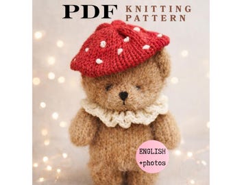 PDF, gebreide paddenstoel-outfit PATROON voor teddybeer, paddenstoelmuts, herfstbreiwerk