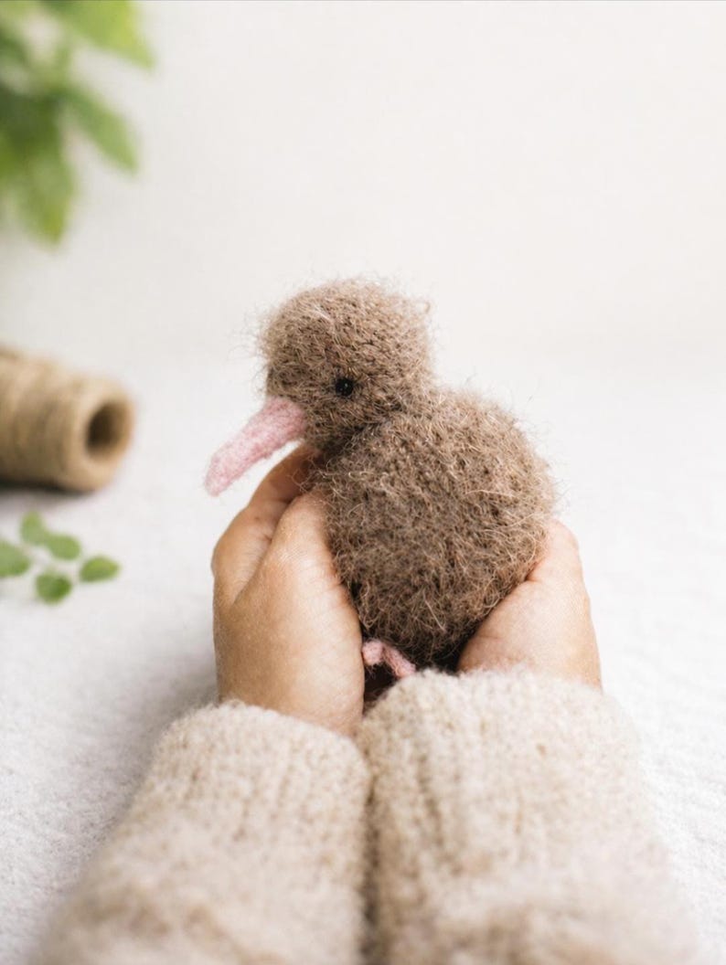 K&ouml;nnte beinhalten: Ein handgefertigtes braunes Kiwi-Vogel-Pl&uuml;schtier mit einem rosa Schnabel wird in zwei H&auml;nden gehalten. Der Vogel hat ein strukturiertes, flauschiges Aussehen. Die H&auml;nde tragen einen beigen Pullover. Der Hintergrund ist eine weiche, neutrale Farbe.