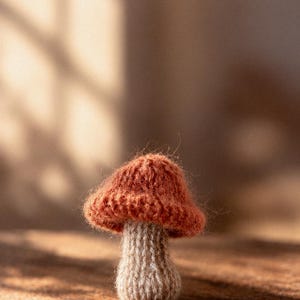 Könnte beinhalten: Eine kleine, handgestrickte Pilzfigur mit einem flauschigen, rostorangen Hut und einem strukturierten, hellbeigen Stiel. Das Objekt ist mit sichtbaren Garnschleifen gefertigt, was ihm ein weiches, faseriges Aussehen verleiht.