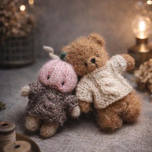 Poppentrui breipatroon pdf, tutorial teddybeerkleding, eenvoudige bekabelde trui knutselen, platgebreide speelgoedgarderobe, miniatuur herfstoutfit afbeelding 2