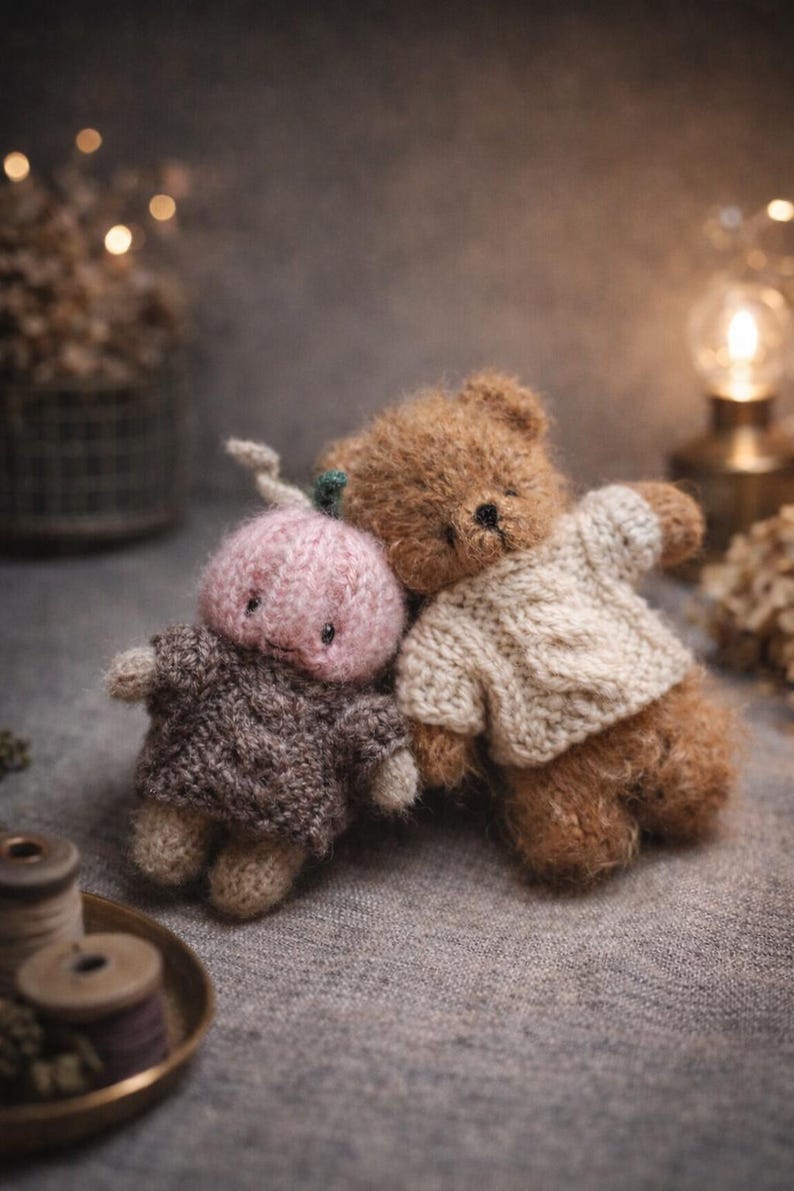 Poppentrui breipatroon pdf, tutorial teddybeerkleding, eenvoudige bekabelde trui knutselen, platgebreide speelgoedgarderobe, miniatuur herfstoutfit afbeelding 2
