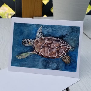 Tarjeta de felicitación para toda ocasión, pintada a mano con acuarela y diseño de tortuga marina, interior en blanco