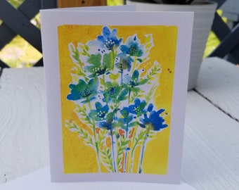 Blue Flowers Bouquet hand painted watercolor all occasion greeting card, blank inside
