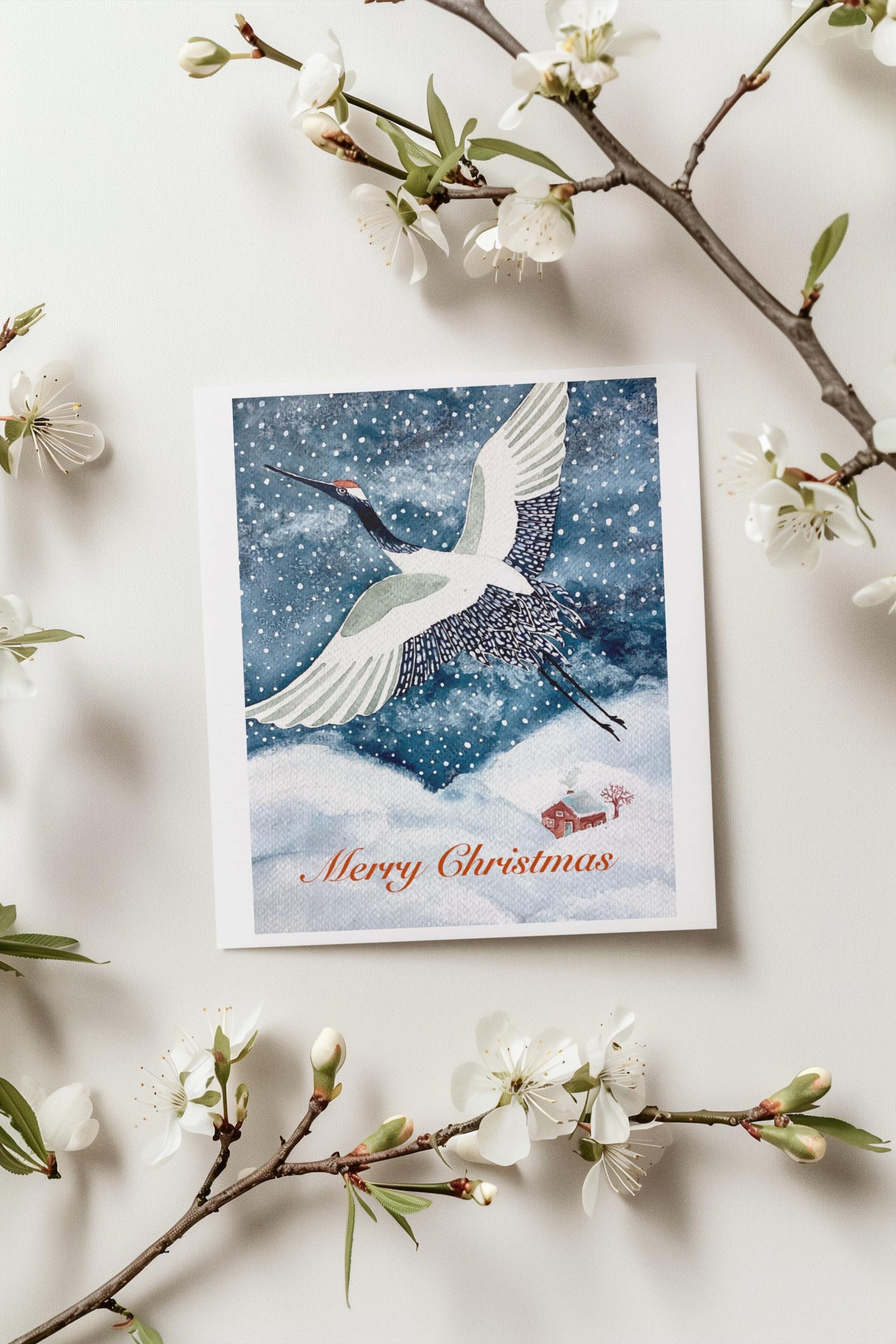 Japanese Crane Christmas Card, Watercolor Holiday Greeting - Etsy