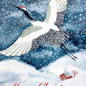 Tarjeta de felicitación navideña con grulla japonesa, interior en blanco