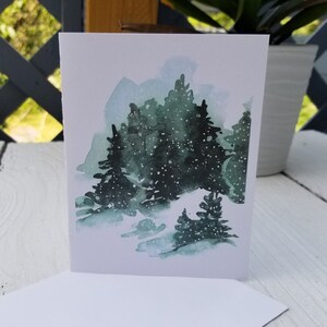 Snowy Winter Woods hand painted watercolor greeting card, blank inside