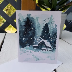 Rustic Barn in Snowy Woods hand painted watercolor all occasion greeting card, blank inside