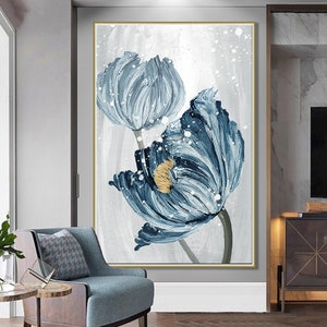 Original Abstract Blue Flower Oil Painting On Canvas, Large Wall Art Custom Painting  Blossom Floral Art Minimalist Living Room Decor Gift