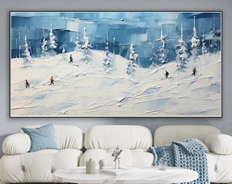 Pintura al óleo original de deporte de esquí sobre lienzo, decoración de invierno, pintura con textura, regalo personalizado, arte de esquiador en montaña nevada, arte de esquí en nieve blanca