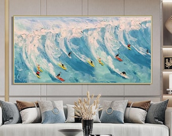 Pintura al óleo original de paisaje de surf sobre lienzo, arte de pared grande, pintura abstracta de olas del océano, pintura de paisaje marino personalizada, decoración de sala de estar