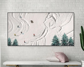 Original Ski Sport Painting on Canvas Custom Painting Texture Wall Art Winter Decor Skier on Snowy Mountain Art White Snow Skiing Art