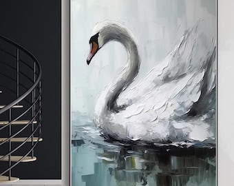 Elegante pintura al óleo de cisne blanco, lienzo extraído, arte de pared de cisne, decoración moderna para el hogar, pintura de animales, obra de arte de pájaro grande