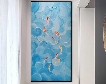 Gran pintura al óleo original de la escuela de peces sobre lienzo, arte de la pared del lienzo, decoración de la pared boho, pintura abstracta del mar azul, pintura personalizada, decoración del hogar
