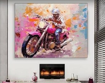 Pintura abstracta de motocicleta sobre lienzo, arte al óleo de motociclismo, pintura estilo impasto, regalos personalizados para motociclistas, decoración moderna
