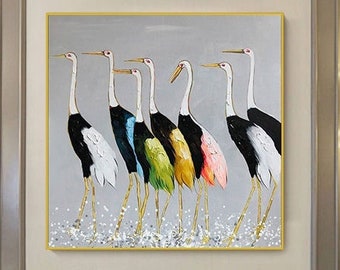 Pintura original de siete grullas sobre lienzo, pintura de pájaros, arte de la pared de la sala de estar, pintura de pájaros de grúas extra grandes pintadas a mano, regalo hecho a mano