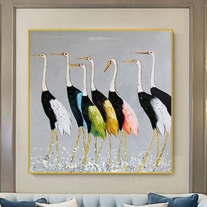 Original Seven Cranes Painting On Canvas ,Bird Painting, Living Room Wall Art，Hand Painted Extra Large  Cranes Bird Painting，Handmade Gift