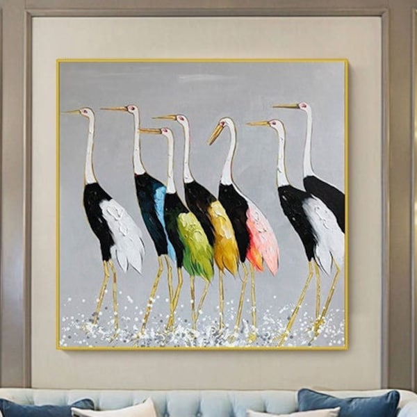 Peinture originale de sept grues sur toile, peinture d’oiseaux, art mural de salon, peinture d’oiseaux de grues extra grandes peintes à la main, cadeau fait à la main