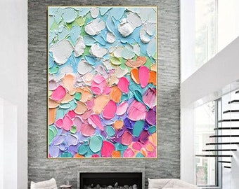 Abstract Colorful Block Oil Painting on Canvas, Large Wall Art,Original Heavy Textured Painting，Custom Painting Boho Living Room Home Decor