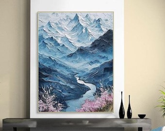 Pintura al óleo de paisaje de montaña enmarcada original, estilo tinta, textura, pintura con cuchillo, decoración moderna para el hogar, obra de arte de paisaje natural