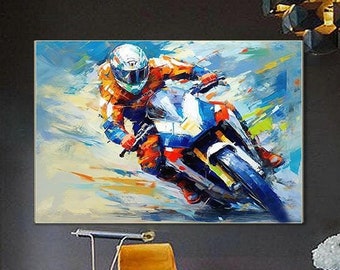 Arte mural original y único de motocicletas Pintura vibrante de motocicletas sobre lienzo Arte mural deportivo de paseo en motocicleta Pintura extragrande