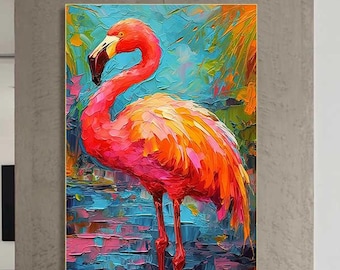 Pintura original de flamenco sobre lienzo, arte de pared grande, pintura abstracta de vida salvaje, pintura al óleo de pájaros, obra de arte de flamenco de moda, decoración de sala de estar