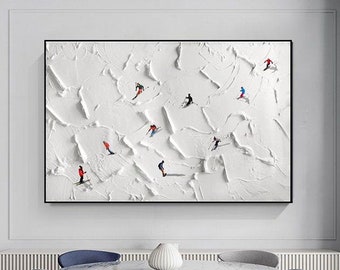 Original Ski Sport Painting on Canvas Custom Painting Texture Wall Art Winter Decor Skier on Snowy Mountain Art White Snow Skiing Art