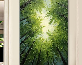 Pintura original de bosque verde sobre lienzo, arte de pared abstracto con textura en 3D, arte de pared enmarcado, arte de árboles, arte de sala de estar, pintura de paisajes naturales
