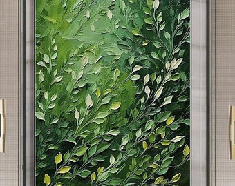 Pintura al óleo de hojas verdes sobre lienzo, arte de pared con textura 3D, pintura con textura pintada a mano, pintura con espátula, arte de pared para sala de estar